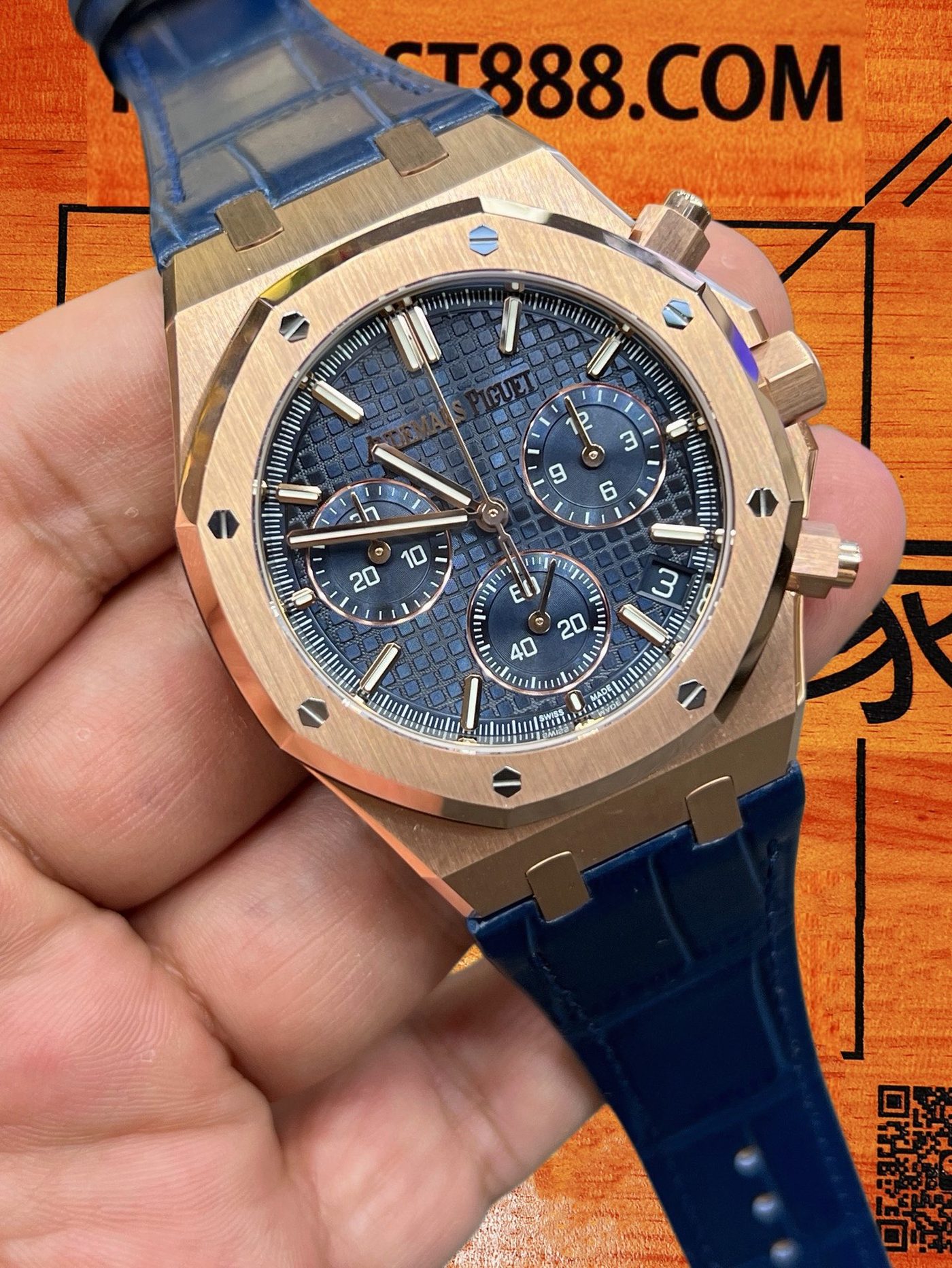 高仿愛彼-皇家橡樹26240OR-玫瑰金藍盤皮帶41mm-4401飛返計時-DDF廠復刻腕錶 實拍 5