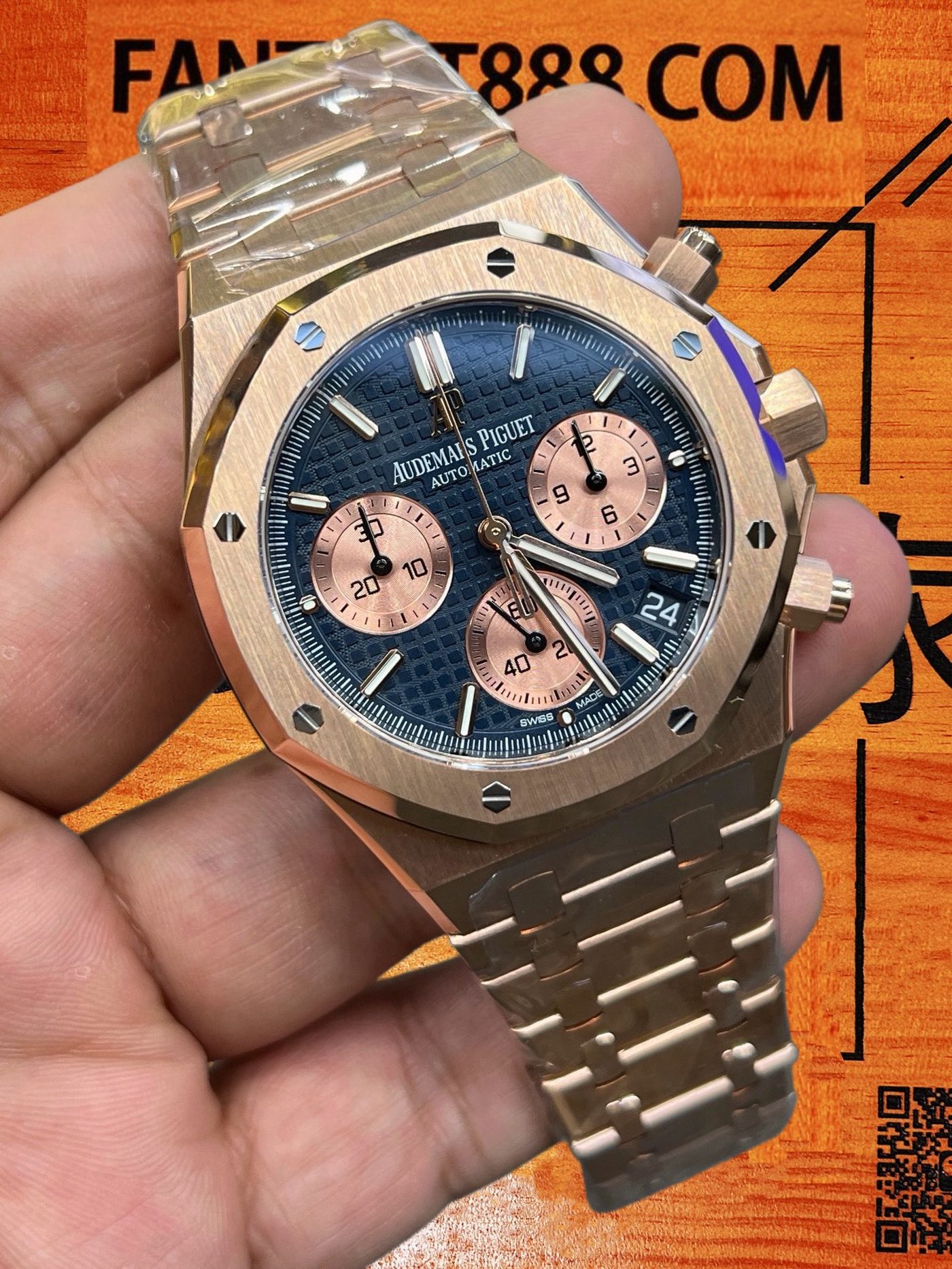 高仿愛彼-皇家橡樹26240OR-玫瑰金藍盤鋼帶41mm-4401飛返計時-DDF廠復刻腕錶 實拍 5
