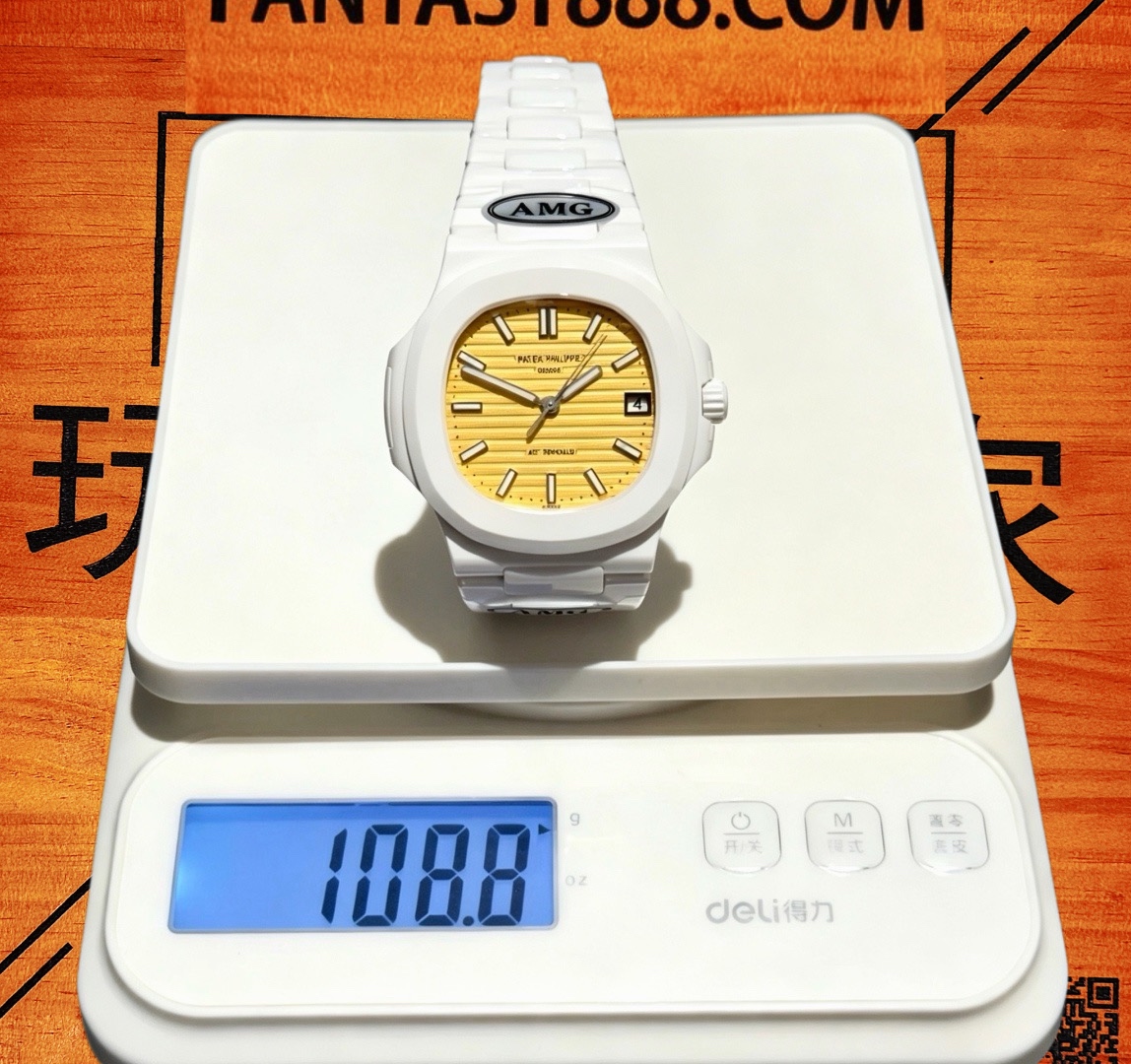 高仿百達翡麗-鸚鵡螺5711-全陶瓷香檳金盤-AET改裝-AMG廠復刻腕錶 實拍 5