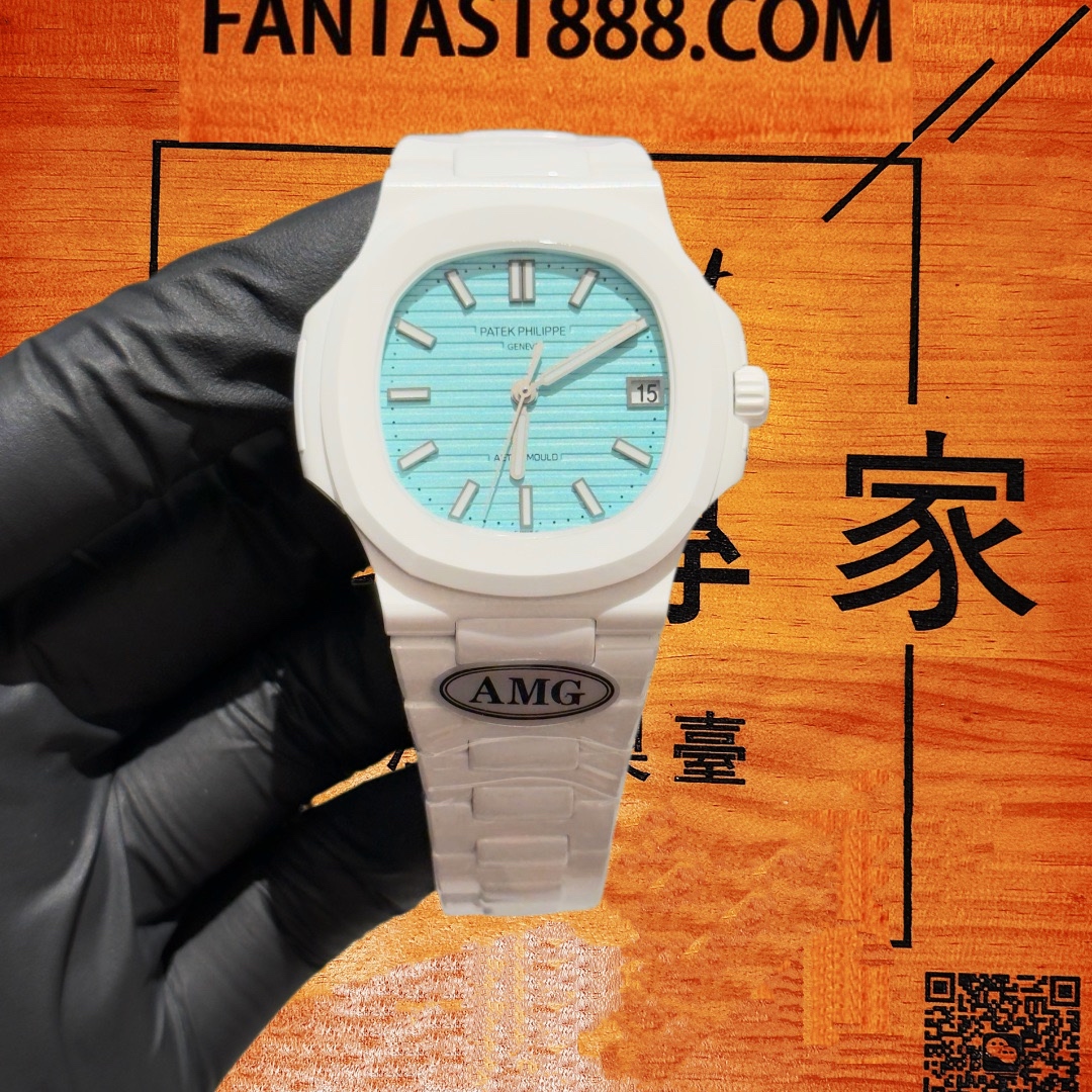 高仿百達翡麗-鸚鵡螺5711-全陶瓷蒂芙尼藍盤-AET改裝-AMG廠復刻腕錶 實拍 2