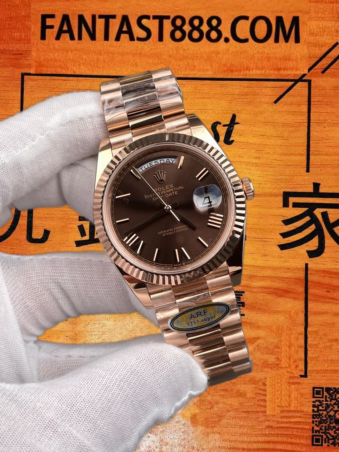 高仿ARF廠勞力士DD 40間玫金羅馬字星期日曆狗牙圈/3255改製機芯/正品公價¥100000 實拍 2