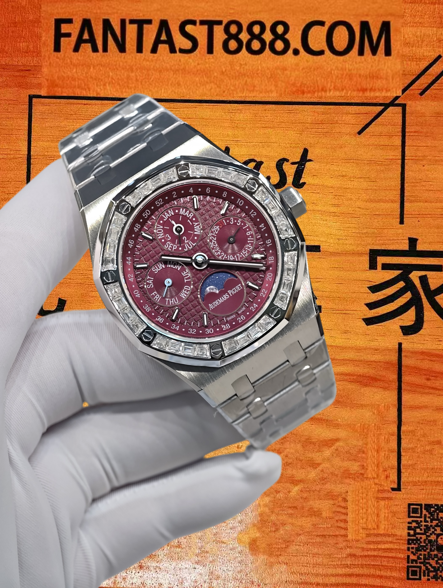 高仿私人改裝-愛彼-皇家橡樹萬年曆月相 大紅盤鑽圈 41mm 復刻腕錶 實拍