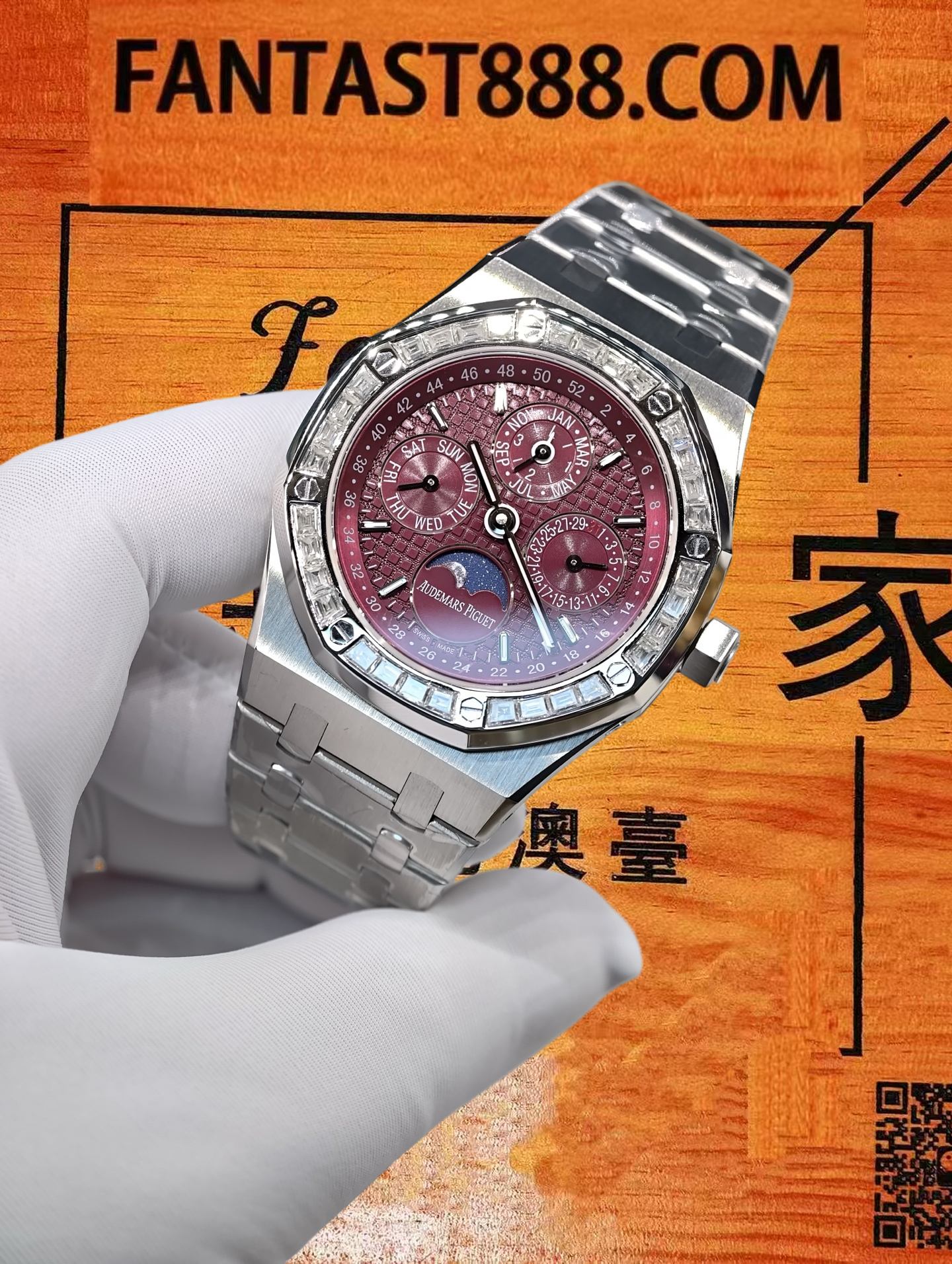 高仿私人改裝-愛彼-皇家橡樹萬年曆月相 大紅盤鑽圈 41mm 復刻腕錶 實拍