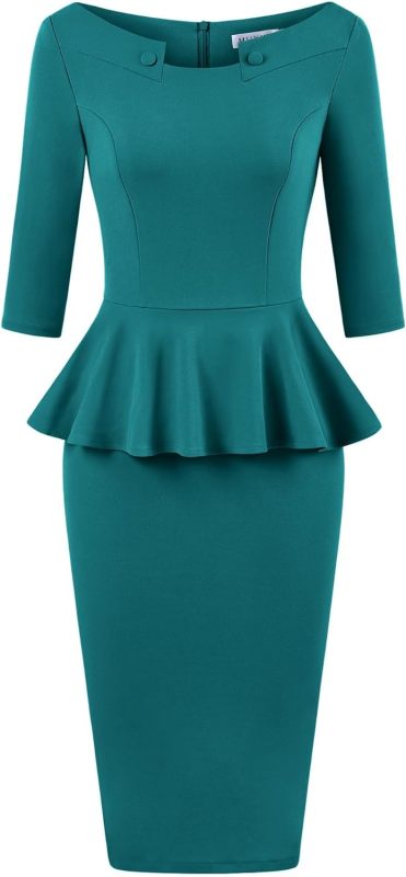 MUXXN Women's 50s Vintage Bodycon 3/4 Sleeve Midi Peplum Business Formal Work Pencil Dresses