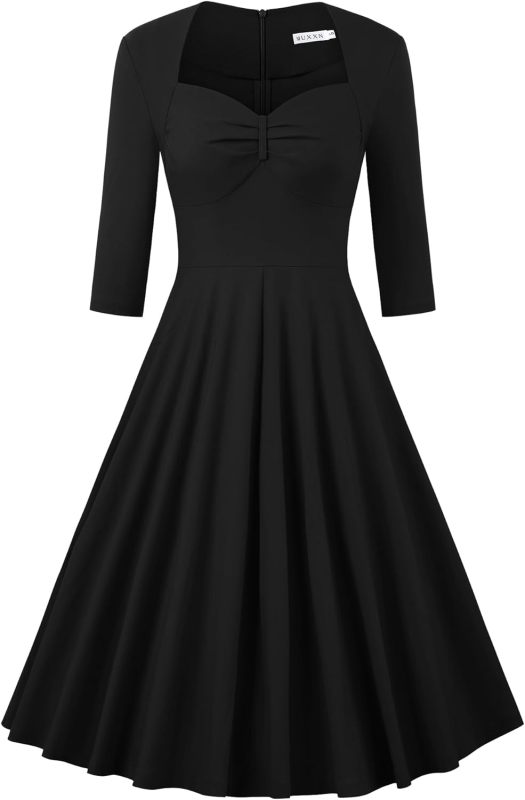 MUXXN Women's Retro 3/4 Sleeve Midi Sweetheart Neckline Rockabilly Party Vintage Cocktail Swing Dress