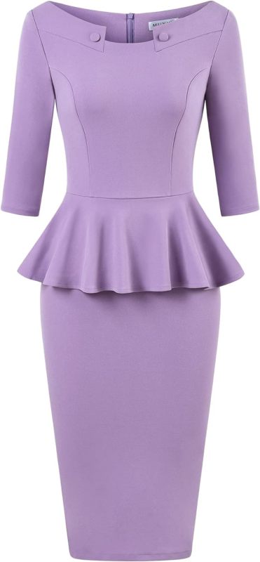 MUXXN Women's 50s Vintage Bodycon 3/4 Sleeve Midi Peplum Business Formal Work Pencil Dresses