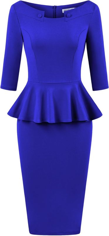 MUXXN Women's 50s Vintage Bodycon 3/4 Sleeve Midi Peplum Business Formal Work Pencil Dresses