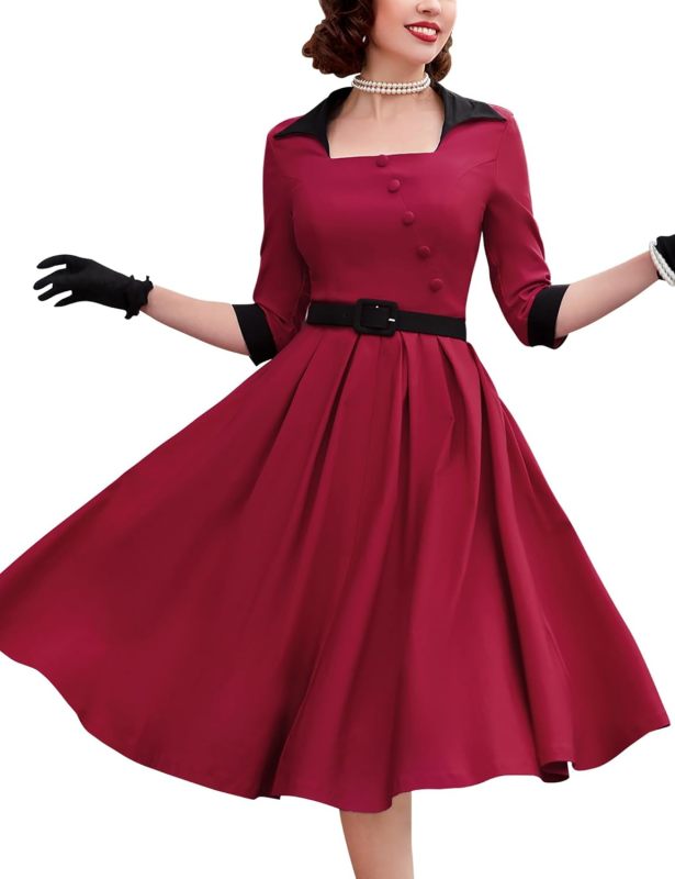 MUXXN Women's 1950s Retro Vintage 3/4 Sleeve Square Neck Midi Cocktail Swing Dress