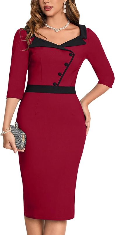 MUXXN Women's Retro 3/4 Sleeves Pinup Bodycon Office Formal Pencil Dress