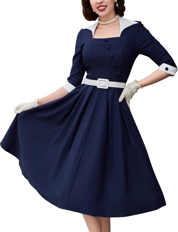 MUXXN Women's 1950s Retro Vintage 3/4 Sleeve Square Neck Midi Cocktail Swing Dress