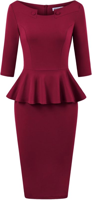 MUXXN Women's 50s Vintage Bodycon 3/4 Sleeve Midi Peplum Business Formal Work Pencil Dresses