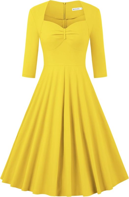 MUXXN Women's Retro 3/4 Sleeve Midi Sweetheart Neckline Rockabilly Party Vintage Cocktail Swing Dress