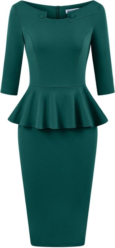 MUXXN Women's 50s Vintage Bodycon 3/4 Sleeve Midi Peplum Business Formal Work Pencil Dresses