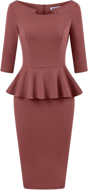 MUXXN Women's 50s Vintage Bodycon 3/4 Sleeve Midi Peplum Business Formal Work Pencil Dresses