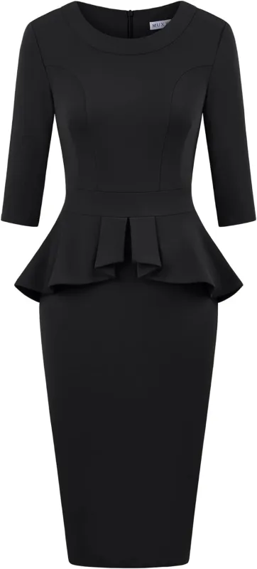 MUXXN Women's 1950s Vintage 3/4 Sleeves Ruffles Bodycon Flattering Casual Formal Pencil Dress