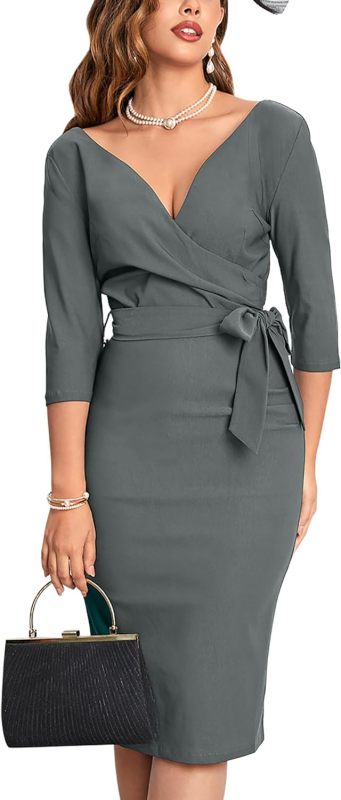 MUXXN Women's Vintage Faux Wrap V Neck 3/4 Sleeve Formal Classic Party Work Dress with Belt