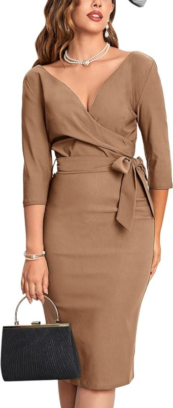 MUXXN Women's Vintage Faux Wrap V Neck 3/4 Sleeve Formal Classic Party Work Dress with Belt