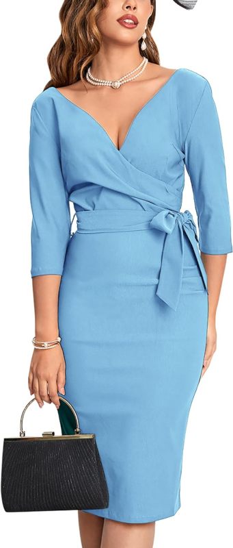MUXXN Women's Vintage Faux Wrap V Neck 3/4 Sleeve Formal Classic Party Work Dress with Belt