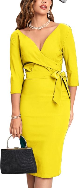 MUXXN Women's Vintage Faux Wrap V Neck 3/4 Sleeve Formal Classic Party Work Dress with Belt