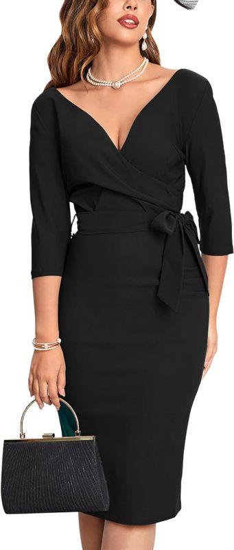 MUXXN Women's Vintage Faux Wrap V Neck 3/4 Sleeve Formal Classic Party Work Dress with Belt