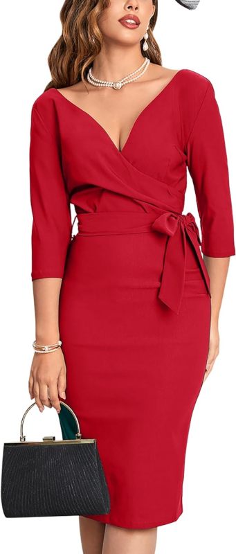 MUXXN Women's Vintage Faux Wrap V Neck 3/4 Sleeve Formal Classic Party Work Dress with Belt