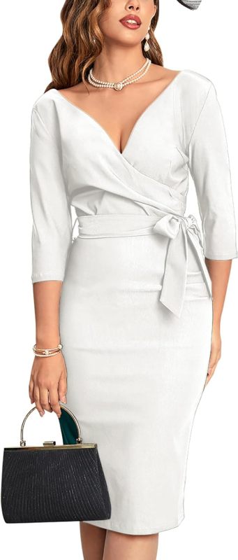 MUXXN Women's Vintage Faux Wrap V Neck 3/4 Sleeve Formal Classic Party Work Dress with Belt