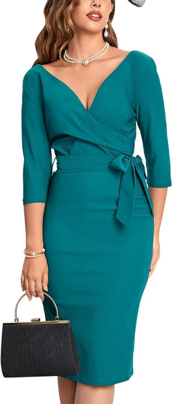 MUXXN Women's Vintage Faux Wrap V Neck 3/4 Sleeve Formal Classic Party Work Dress with Belt