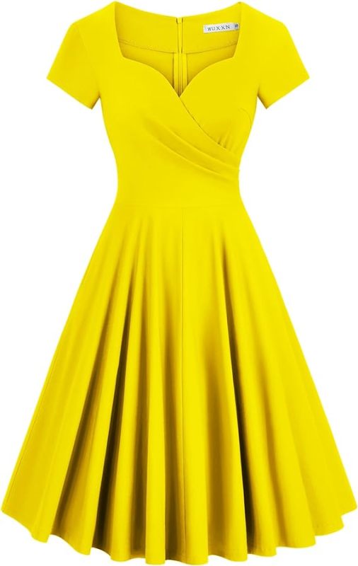 MUXXN Vintage Cocktail Dress for Women 1950s Retro Short Sleeve V Neck Swing Midi Casual Tea Dresses