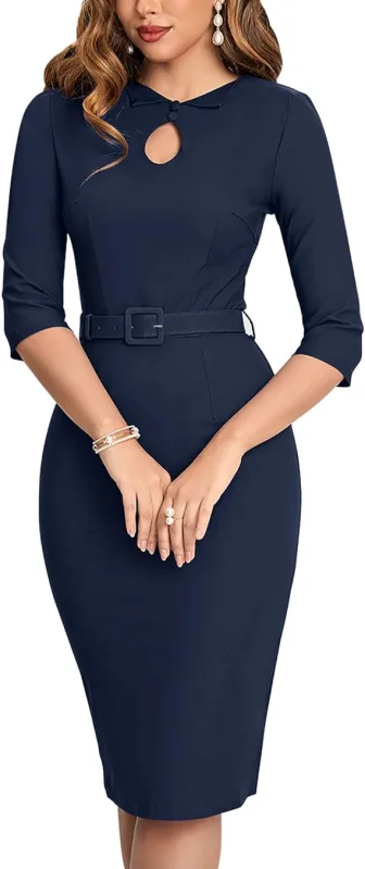 MUXXN Women's Audrey Hepburn 1960s Half Sleeve Belt Formal Work Dress
