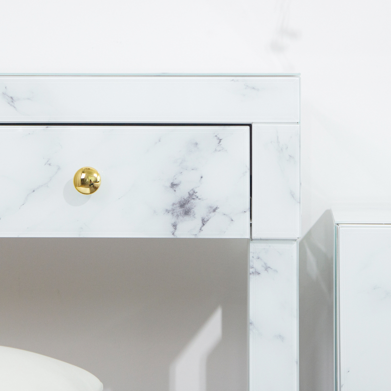 White Marble Vanity Desk - Tempered Glass Surface White Marble Makeup Vanity Table Desk with Drawers for Bedroom