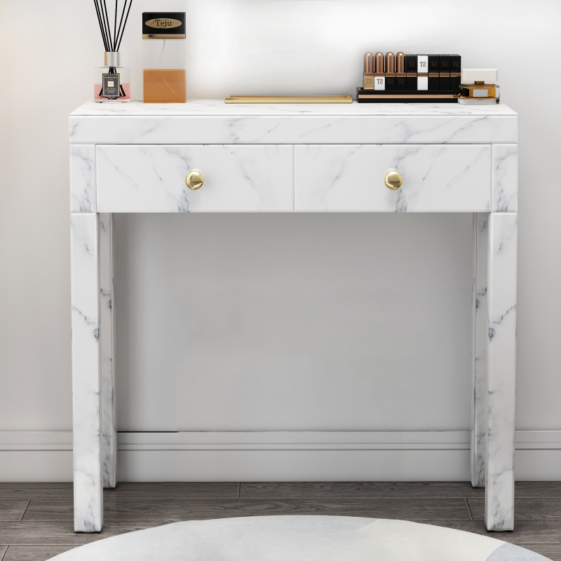 White Marble Vanity Desk - Tempered Glass Surface White Marble Makeup Vanity Table Desk with Drawers for Bedroom