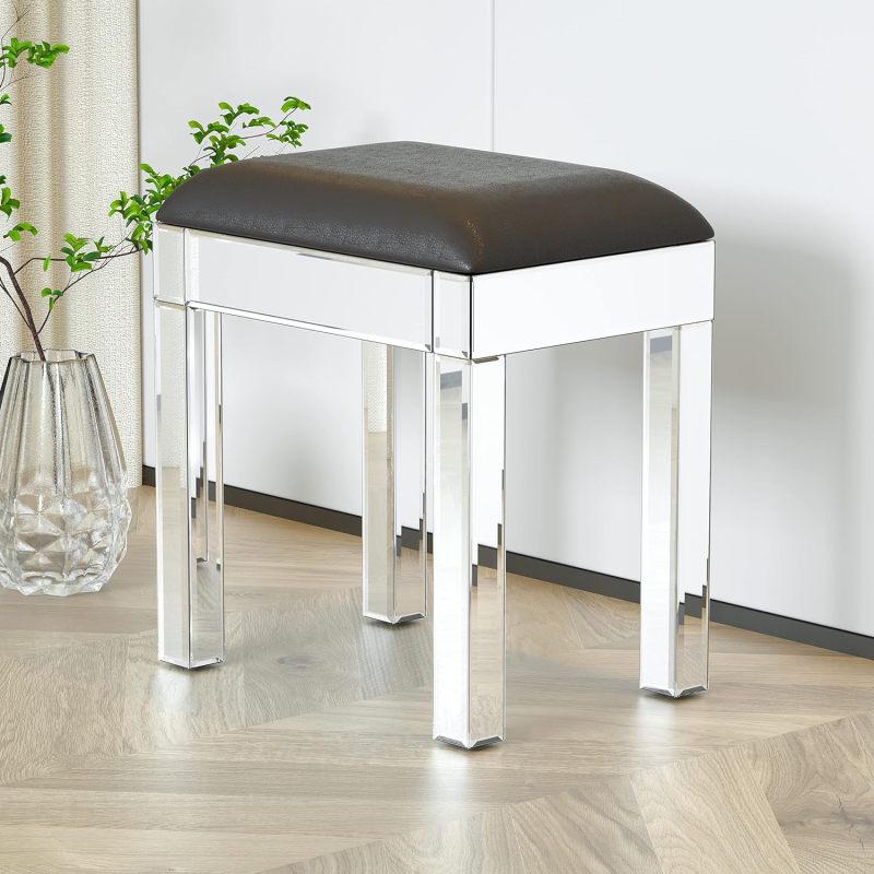 Mirrored Vanity Stool - Modern Makeup Bench with Pu Leather, Dressing Chair Cushioned for Bedroom for Living Room