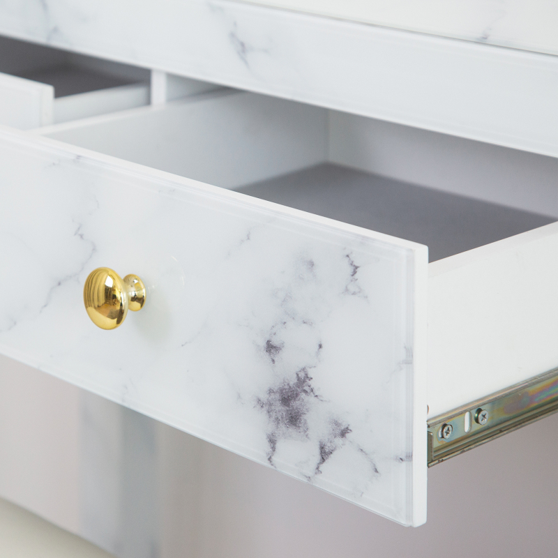 White Marble Vanity Desk - Tempered Glass Surface White Marble Makeup Vanity Table Desk with Drawers for Bedroom