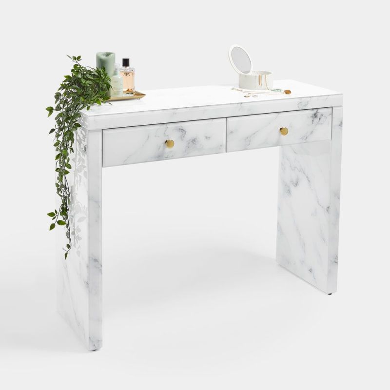 White Marble Vanity Desk - 40” Tempered Glass Surface White Marble Makeup Vanity Table Desk with Drawers for Bedroom