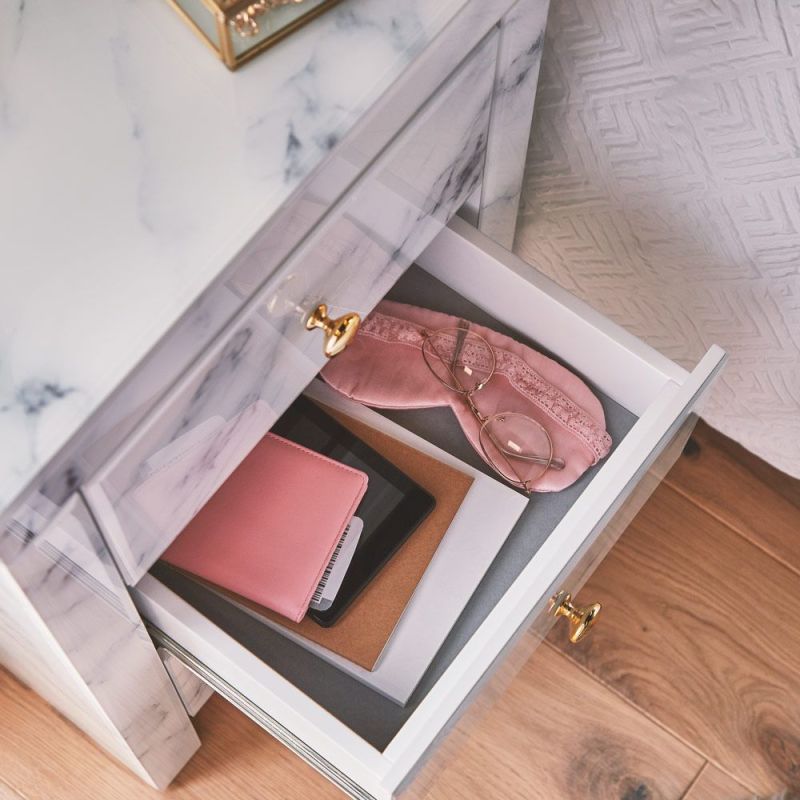 White Marble Nightstand, Stylish and Functional Three-Drawer Bedside Table with White Marble Textured Tempered Glass Surface and Golden Metal Handle