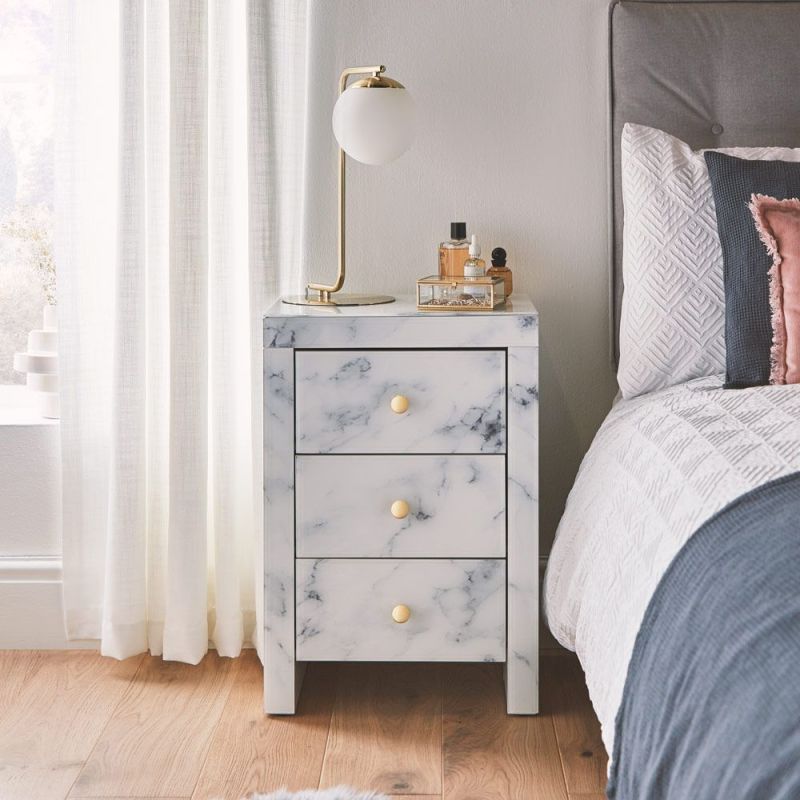 White Marble Nightstand, Stylish and Functional Three-Drawer Bedside Table with White Marble Textured Tempered Glass Surface and Golden Metal Handle