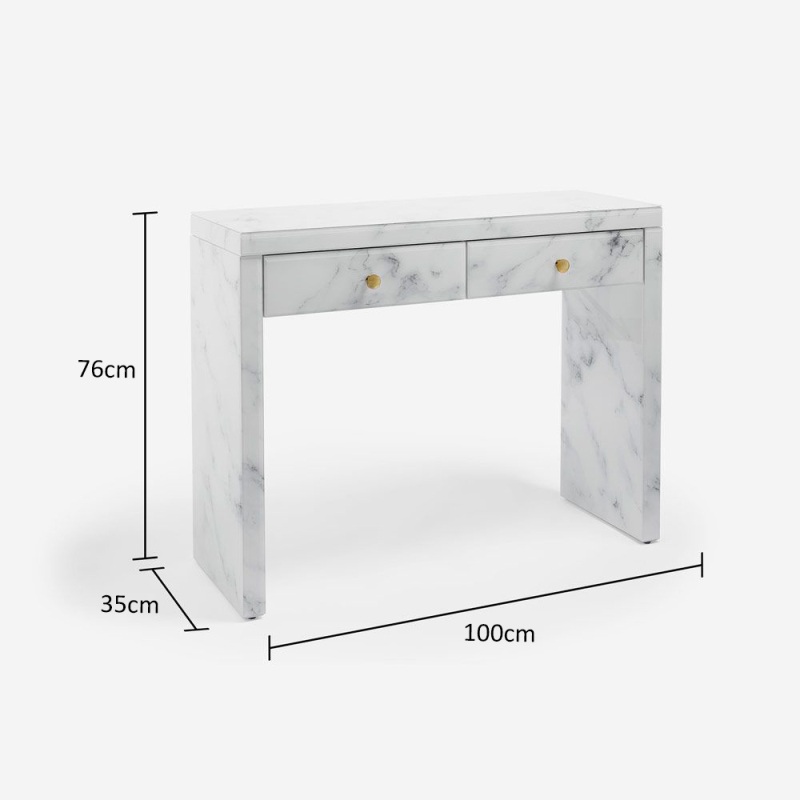 White Marble Vanity Desk - 40” Tempered Glass Surface White Marble Makeup Vanity Table Desk with Drawers for Bedroom