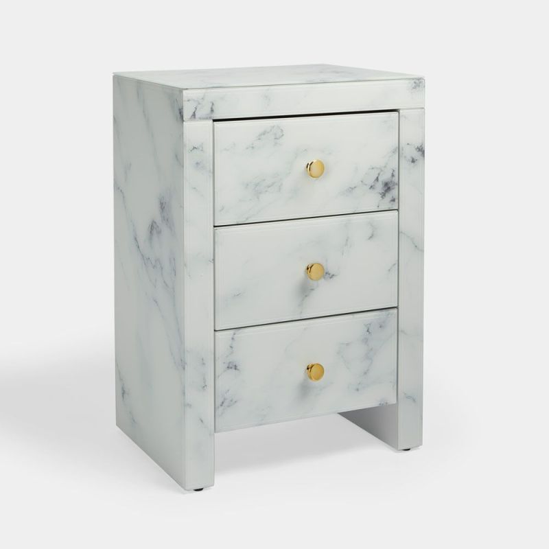 White Marble Nightstand, Stylish and Functional Three-Drawer Bedside Table with White Marble Textured Tempered Glass Surface and Golden Metal Handle