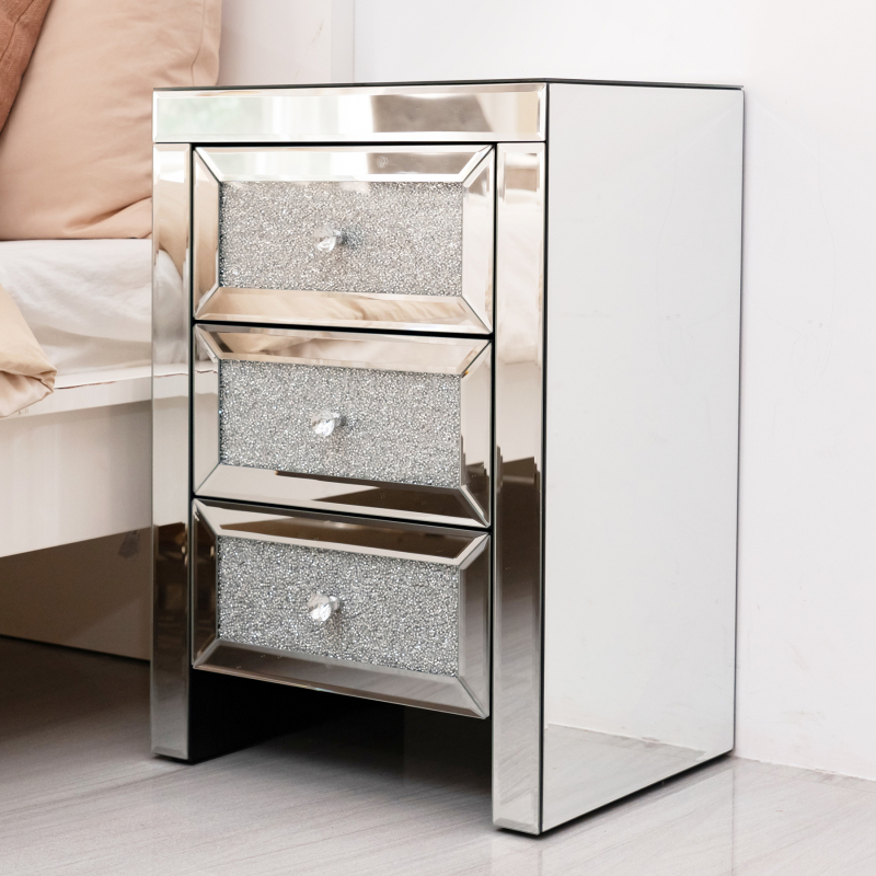 Luxury Mirrored Nightstand - Pre-Assembled, Edge-Smoothed Glass with Acrylic Crystal Design - Easy Clean, Safe Bedroom Furniture