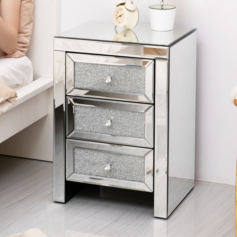 Luxury Mirrored Nightstand - Pre-Assembled, Edge-Smoothed Glass with Acrylic Crystal Design - Easy Clean, Safe Bedroom Furniture