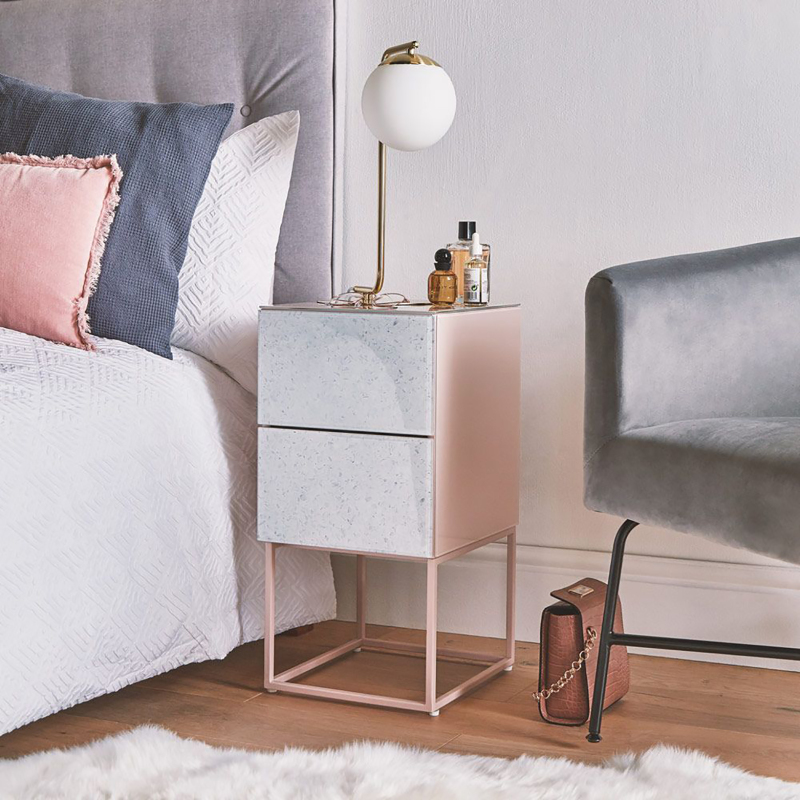 Metal Frame Nightstand with 2 Drawers - Durable Glass Surface & Pink Bedside Table for Bedroom/Small Space