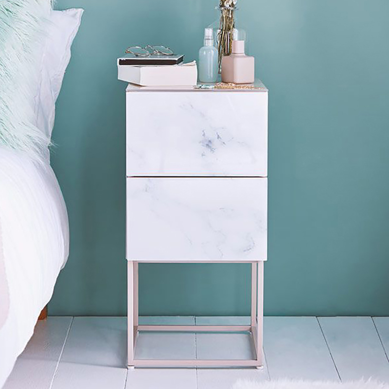 Metal Frame Nightstand with 2 Drawers - Durable Glass Surface &amp; Pink Bedside Table for Bedroom/Small Space