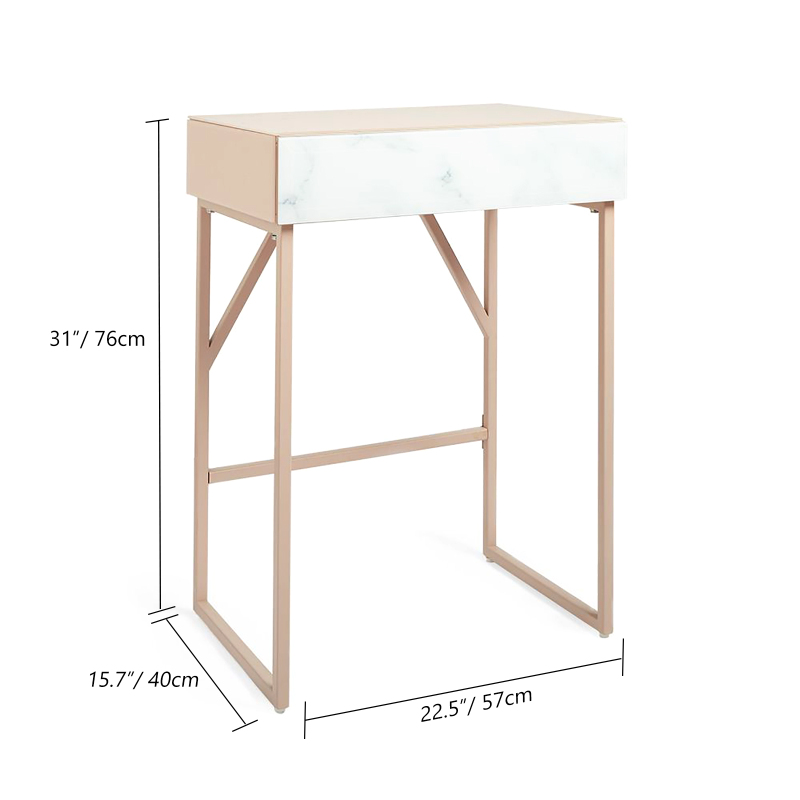 Metal Frame Style Makeup Vanity Table - 1-Drawer Simple Corner Dressing Table  -Tempered Glass Surface