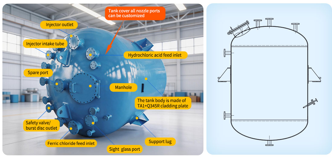 Structural drawing of 18000L Titanium Lined Pressure Vessel Reactor with Motor for Ferric Chloride Etching Solution and Acid Storage Tank