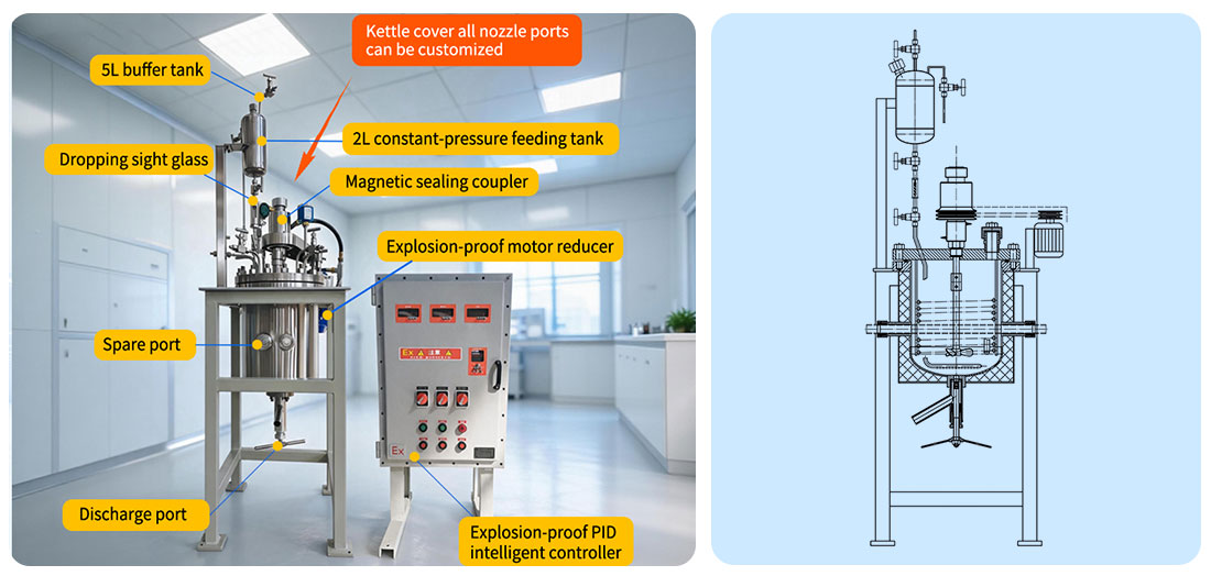 Picture of the 25L Lab Chemical Jacket Stainless Steel Automatic Pressure Vessel Reactor structure