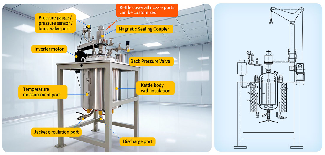 Picture of the Lab Chemical Reaction Kettle Stainless Steel 0.1L-50L PID PLC Controlled Reactor structure