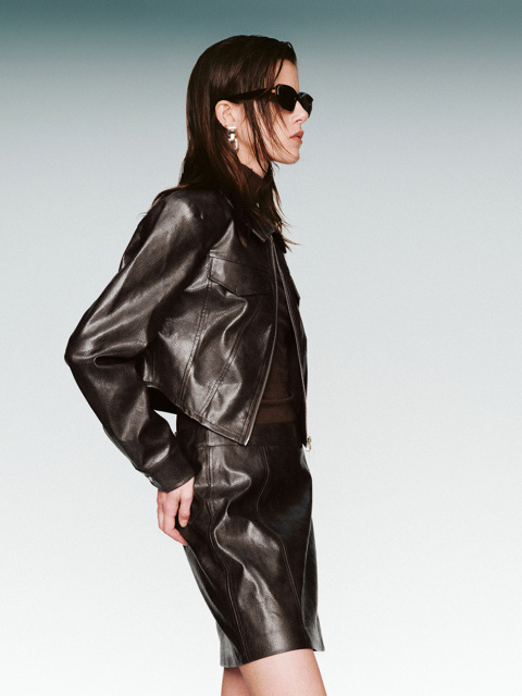 Women's leather lapel coat
