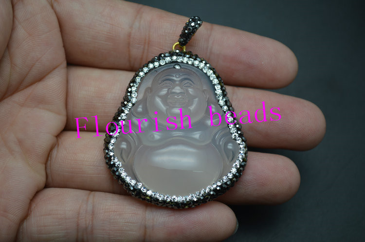 Laughing Buddha Pendant 37*45MM Natural Gray Agate Chalcedony
