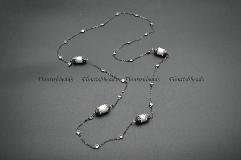 Natural White Pearl Black Color Chains CZ Beads Linked Necklace Fashion Jewelry