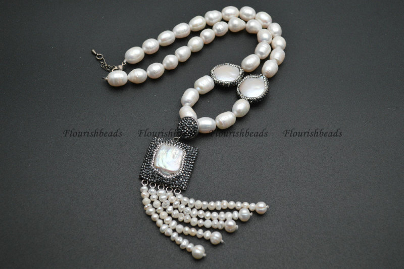 Natural White Pearl Beads Tassel Pendant Beaded Necklace Fashion Jewelry